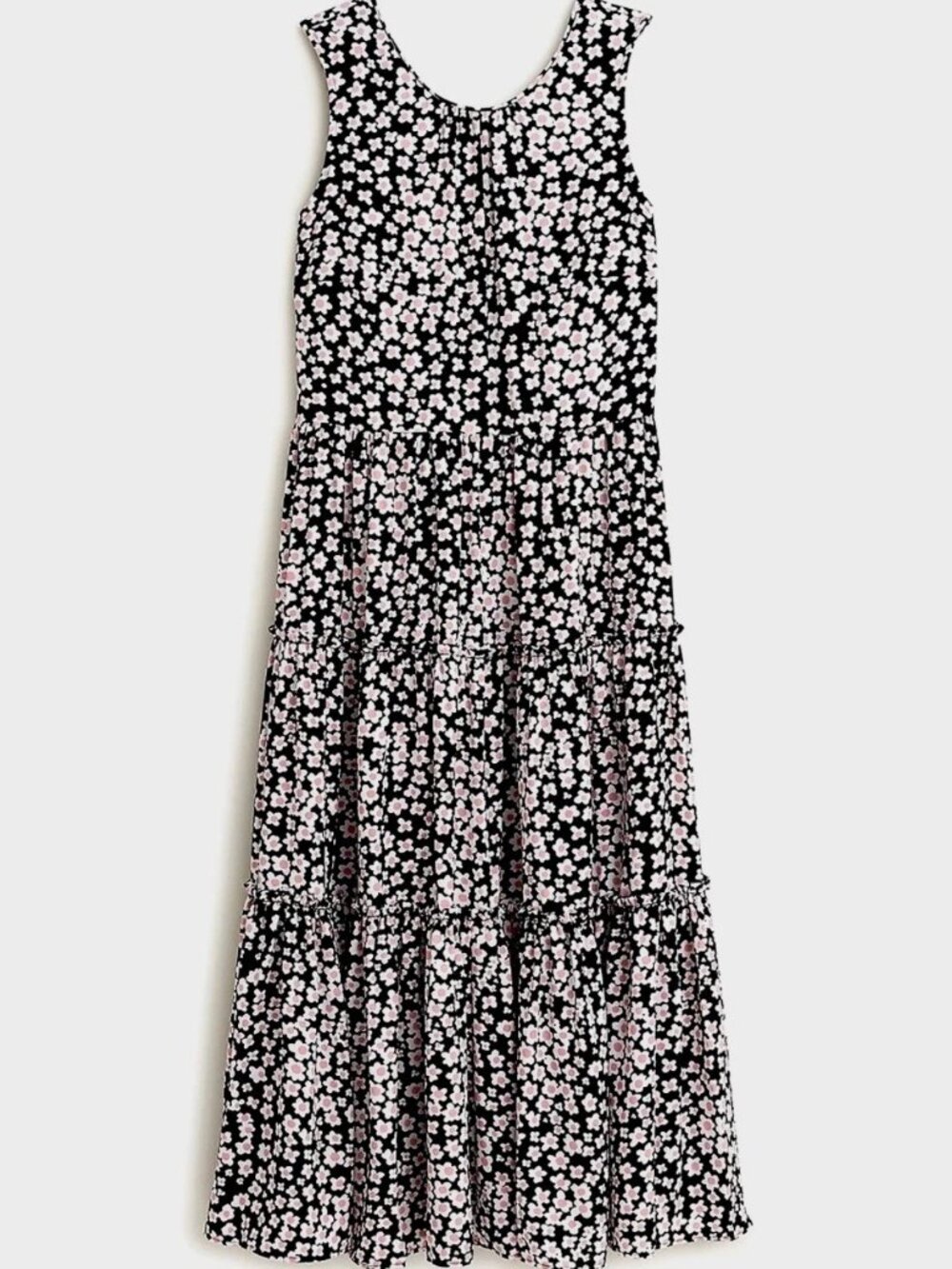J. CREW Midi Tiered Sleeveless Dress Black w/ Pink white Flowers Size Small